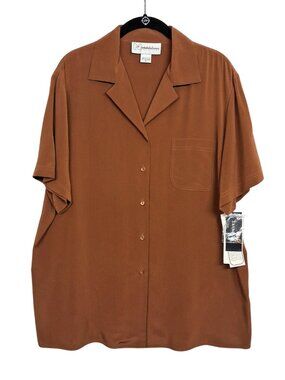 PETER NYGARD COLLECTION Brown Button Front Shirt Short Sleeve Top 14 NWT